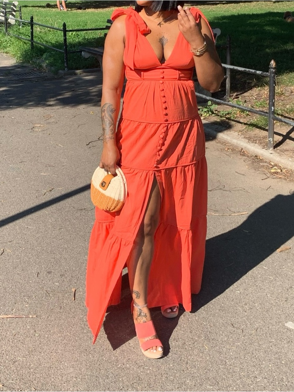 Women’s Coral Tiered Maxi Dress with Front Buttons